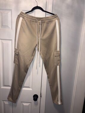 Fashion Nova Men's Beige Joggers with White Side Stripes